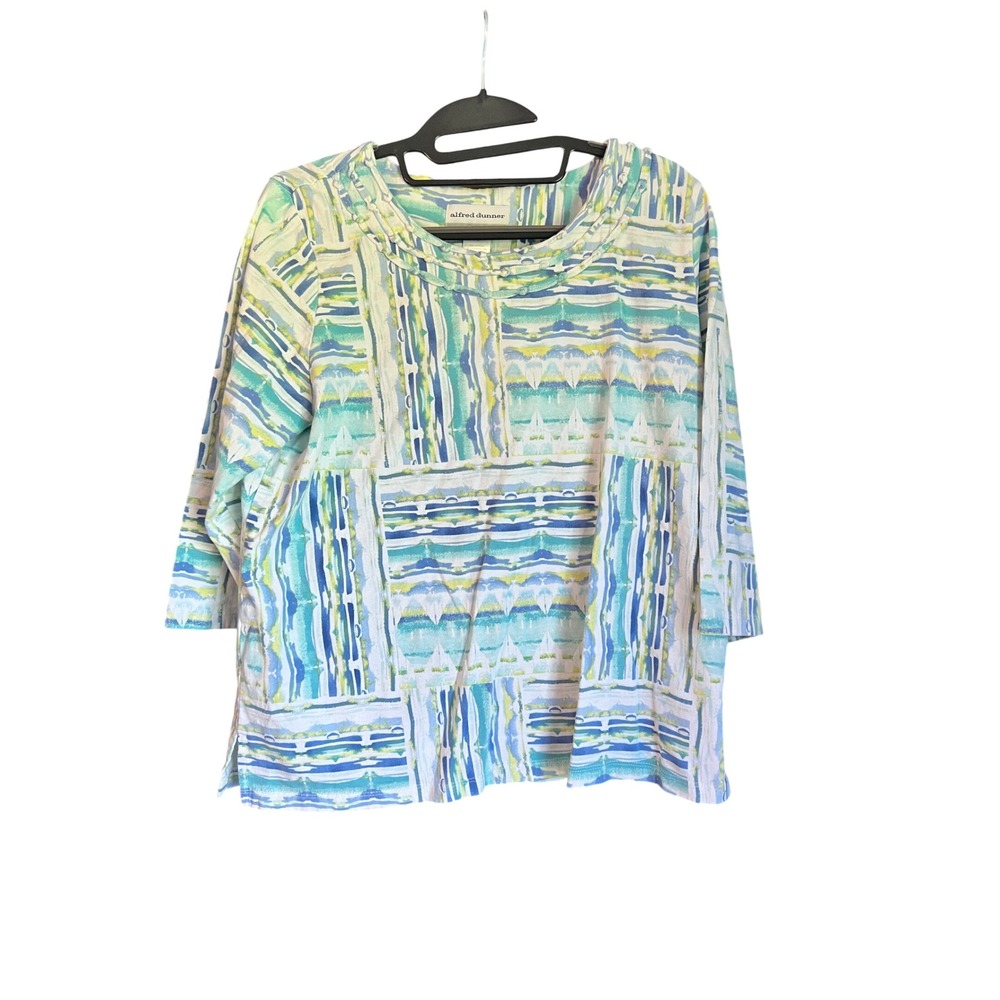 Alfred Dunner Petite Blue Green Abstract Braided Neck 3/4 Sleeve Top PL